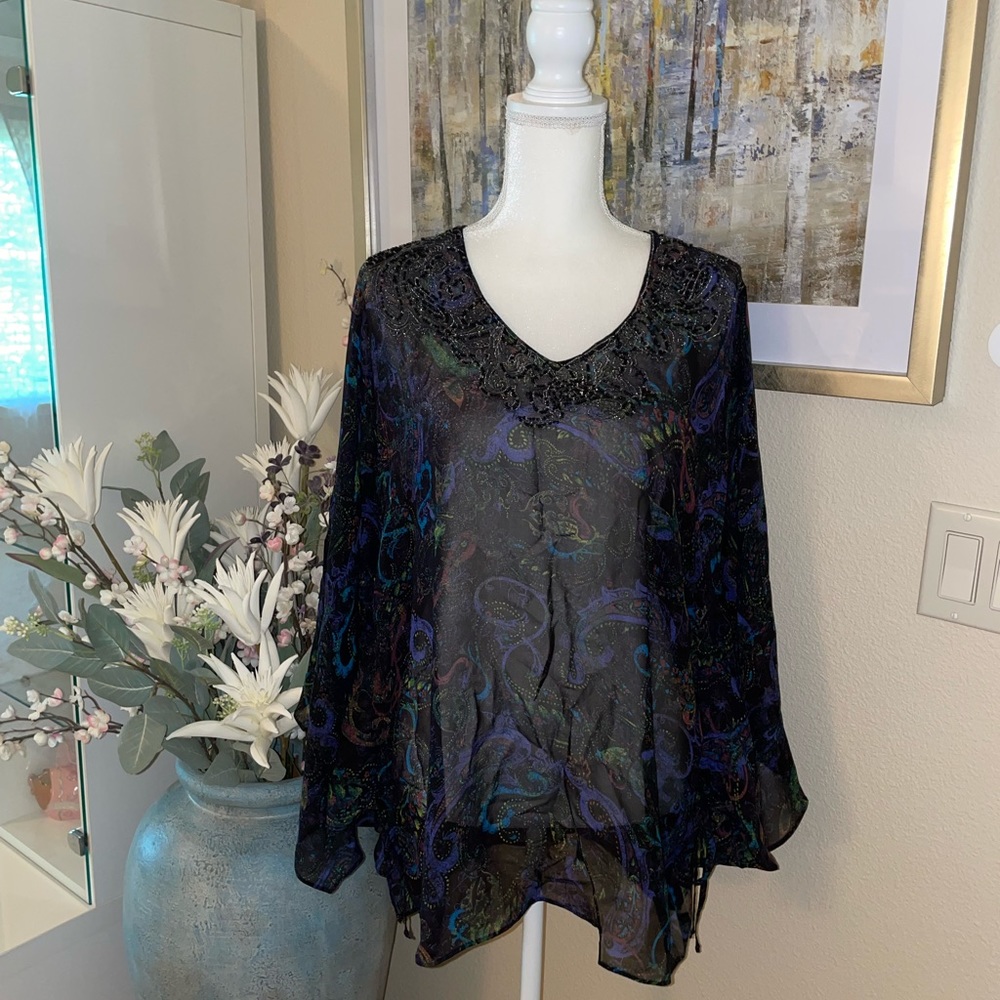 Chico’s 100% silk cover up, sheer blouse